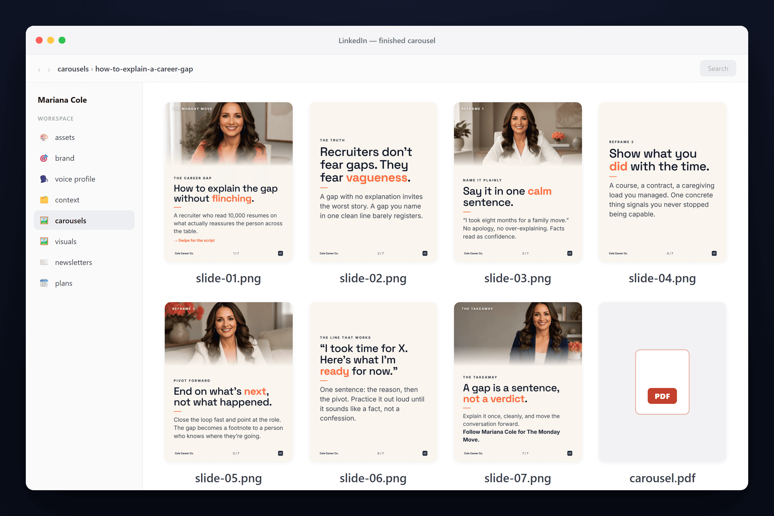 A full 7-slide carousel and its print-ready PDF saved to the client's own carousels folder