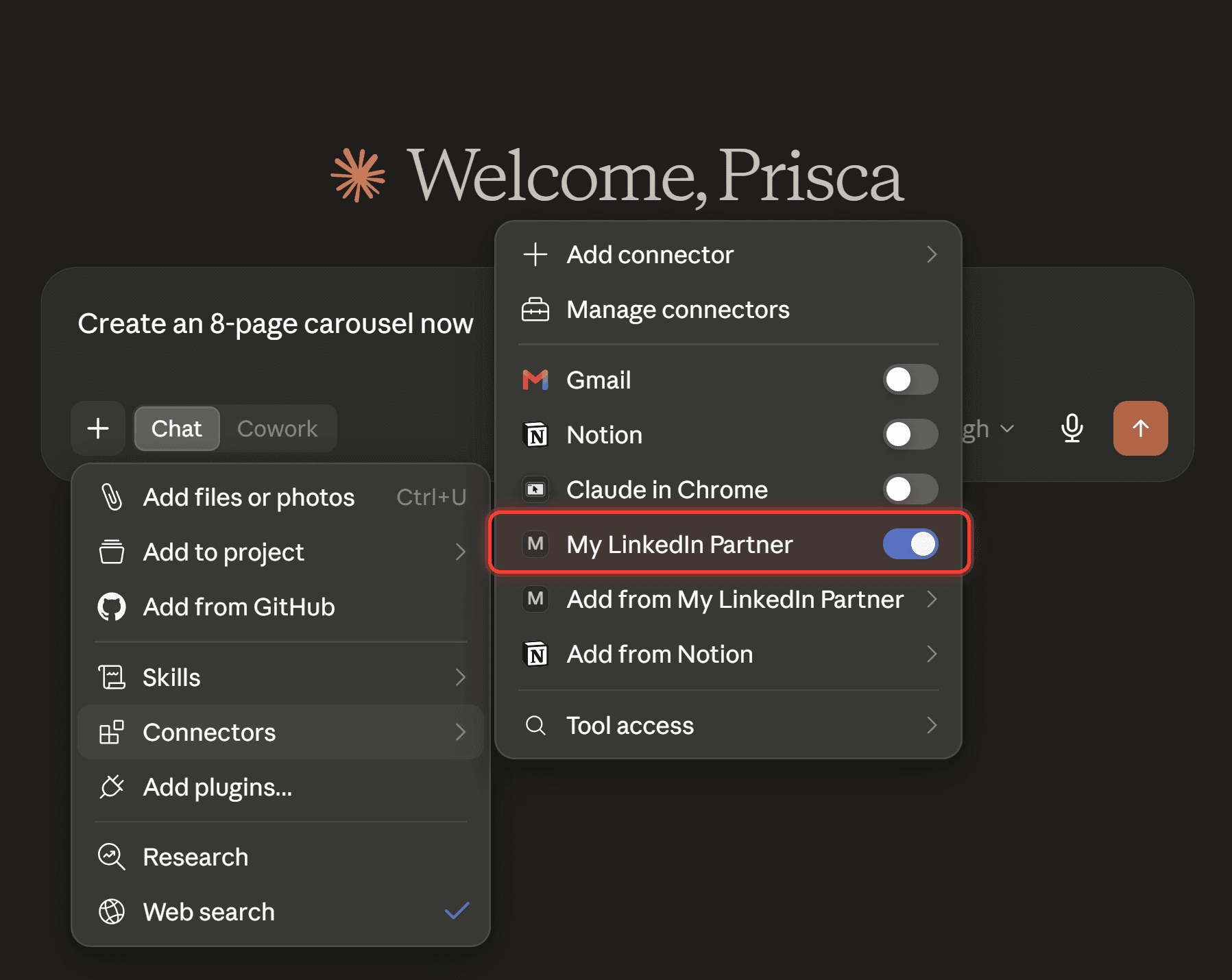 The Claude connector menu with the My LinkedIn Partner toggle switched on