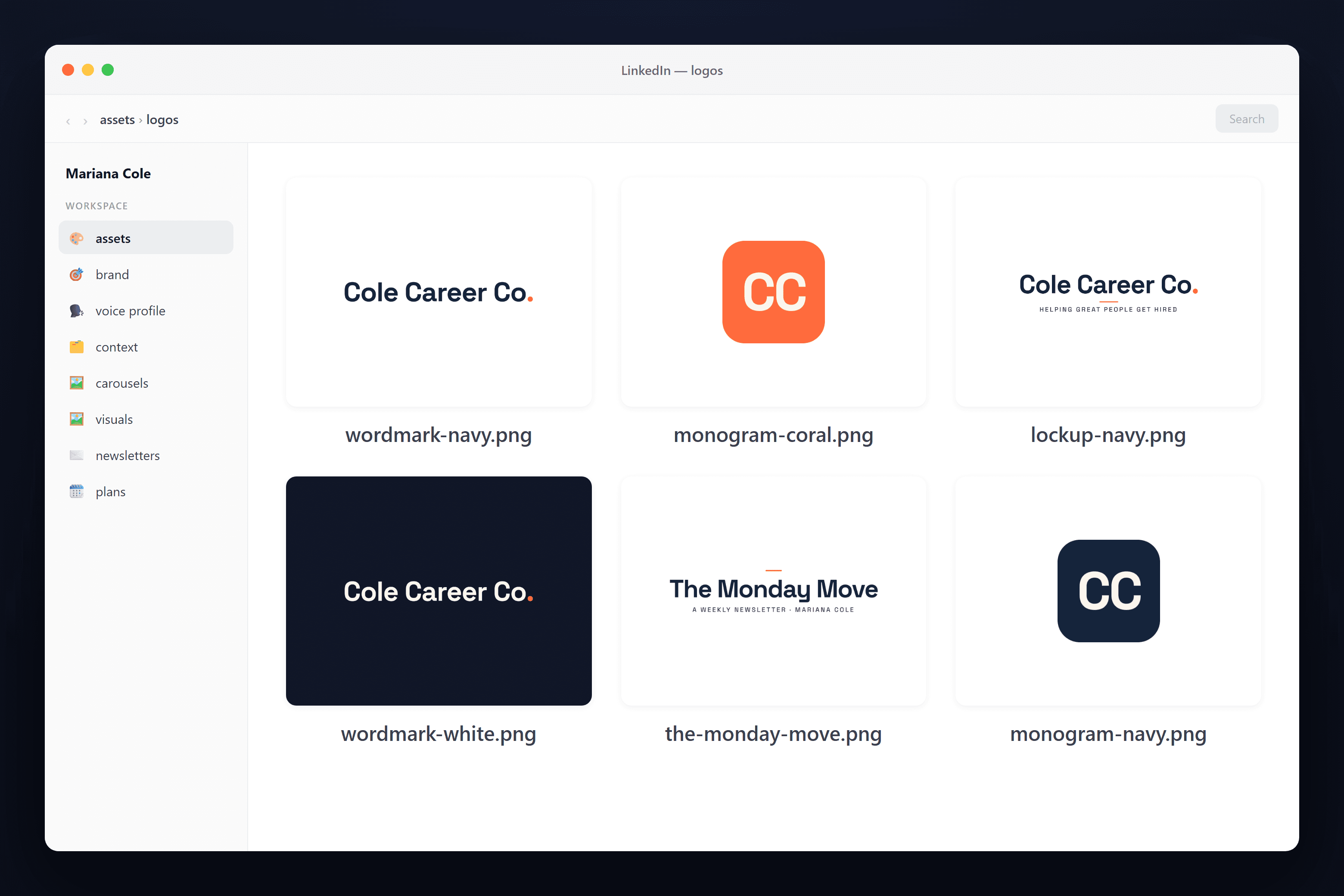 Your logos folder in the workspace